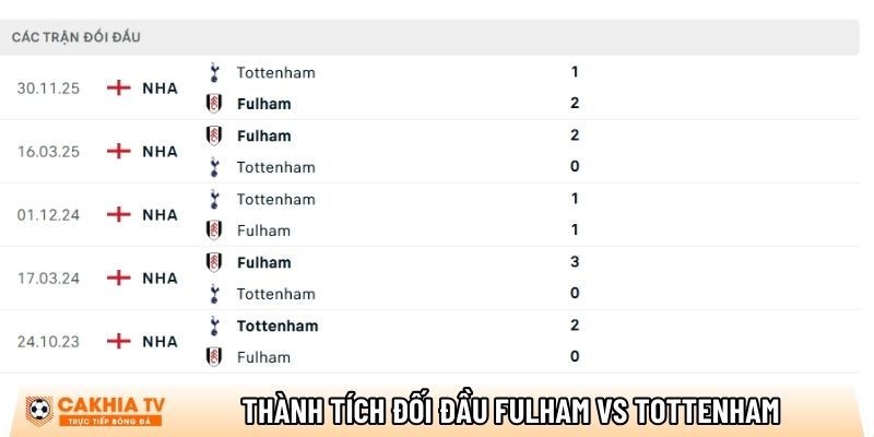 thanh tich doi dau fulham vs tottenham